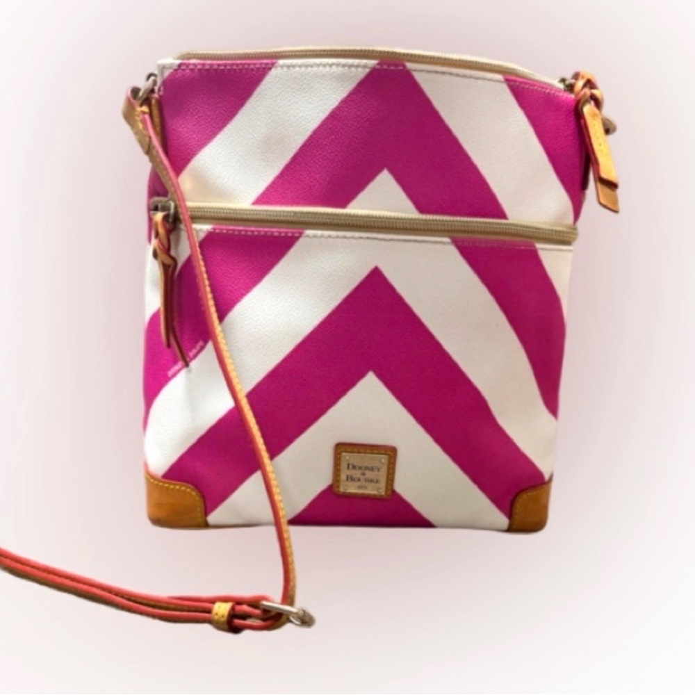 Dooney & Bourke Pink Chevron Crossbody Canvas Leather Trim Zip Bag